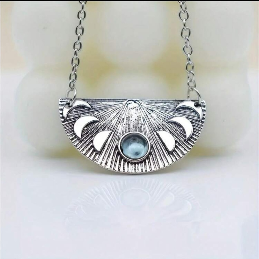 Lunar Silver Moon Phase Necklace Moon Goddess Boho Celestial Blue Stone …